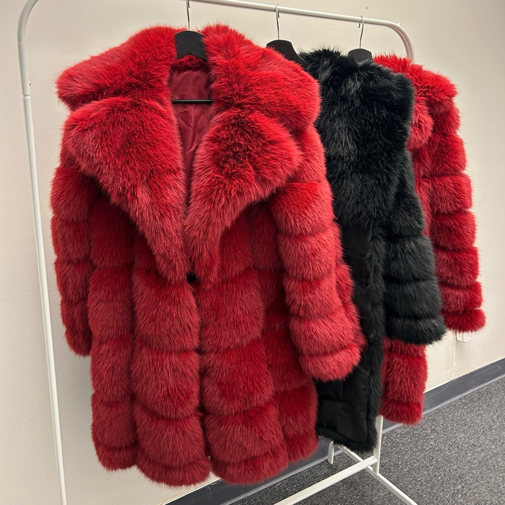 Red Oversized Collar Lapel Faux Fur Coat